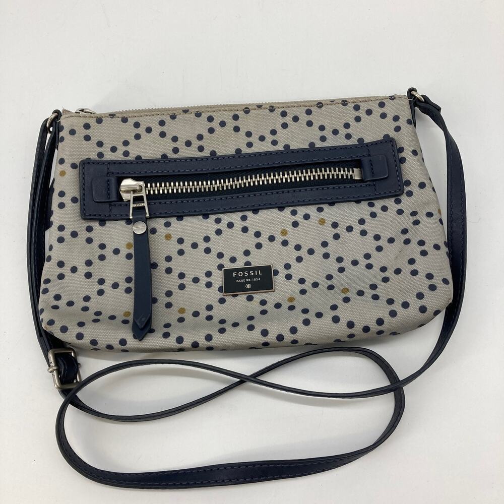 Fossil, gray, navy, mustard polka dots crossbody bag